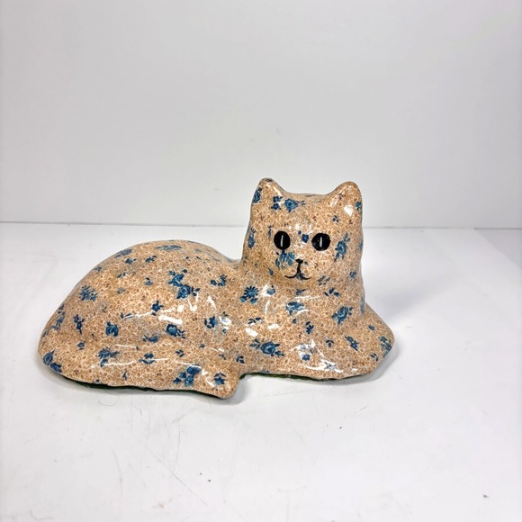 Handmade Other - Vintage Papier Mache Cat Figurine Floral Blue Flower Decoupage Cottagecore Decor